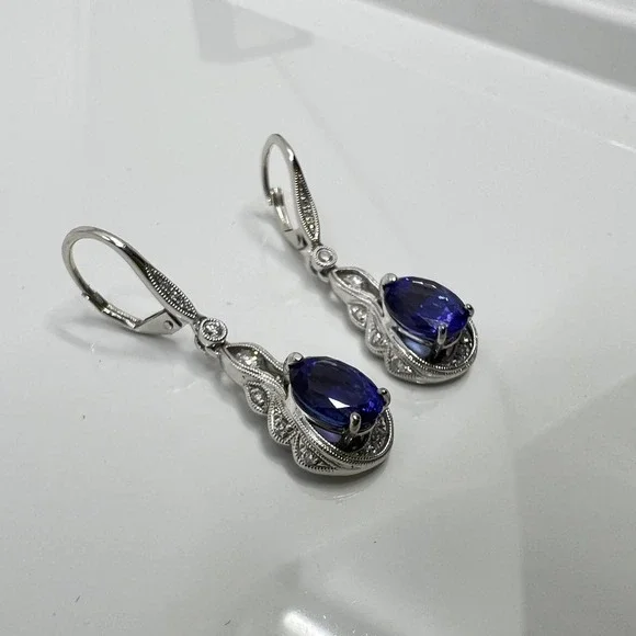 Tanzanite, Diamond, and 14K White Gold Drop Earrings - Picture 3 of 7
